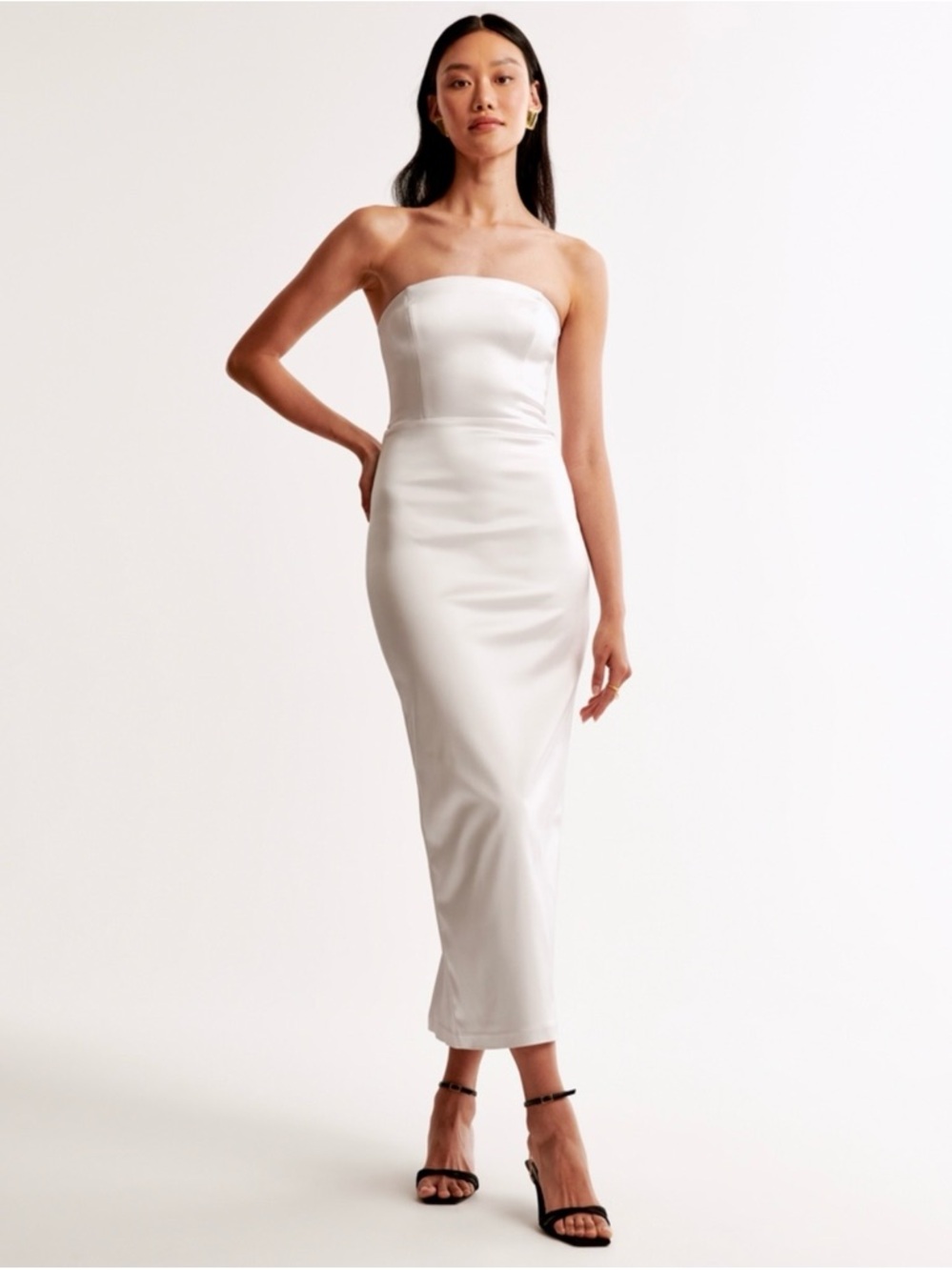 Abercrombie & Fitch Strapless Satin Midi Dress in White